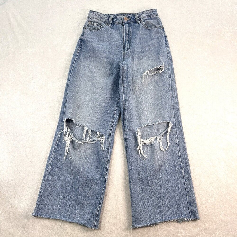 GARAGE DEMIN Wide Leg Jeans Trashed Baggy Womens 1/25 Cut Hem Ripped Acid Washed